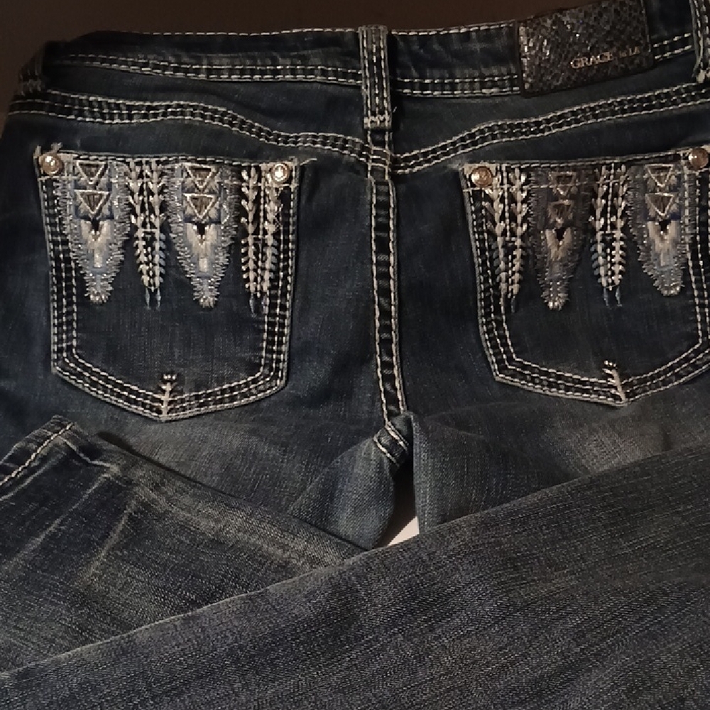 Grace in LA Women's Dark Blue Boot Cut Jeans with Silver Embroidery